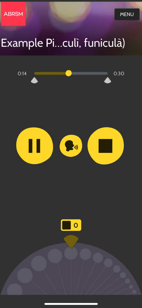 ABRSM SfMT Practice Partner - Interface of the ABRSM Singing for Musical Theatre app showing playback controls and looping features for vocal practice.