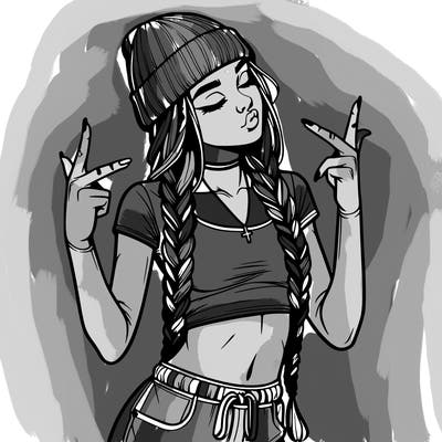 realistic teenage girl with braids and a beanie and crop top doing 🫶🏼