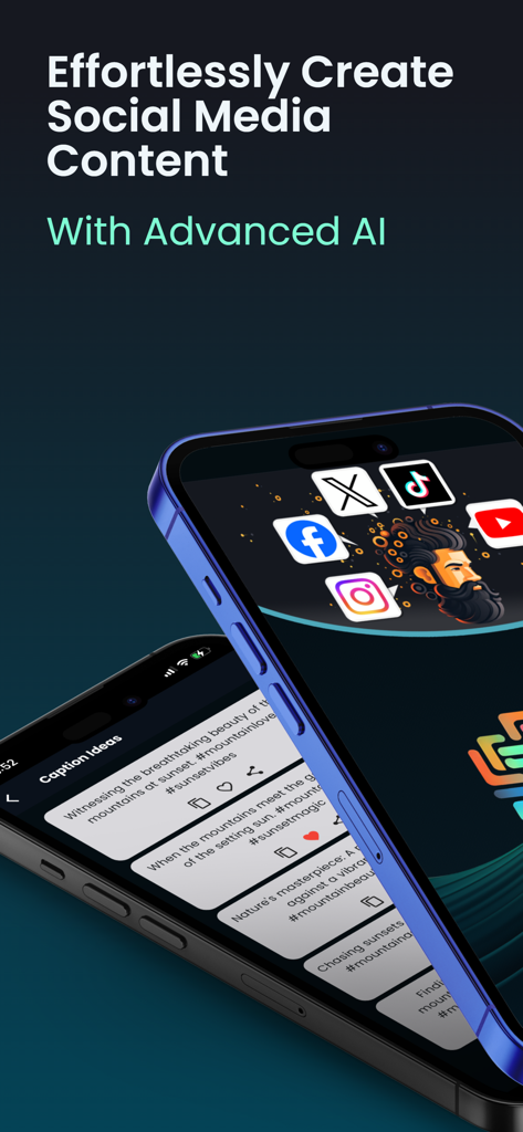 Interfaz de la aplicación Viral AI que muestra ideas de pies de foto e iconos de redes sociales para la creación automatizada de contenido.