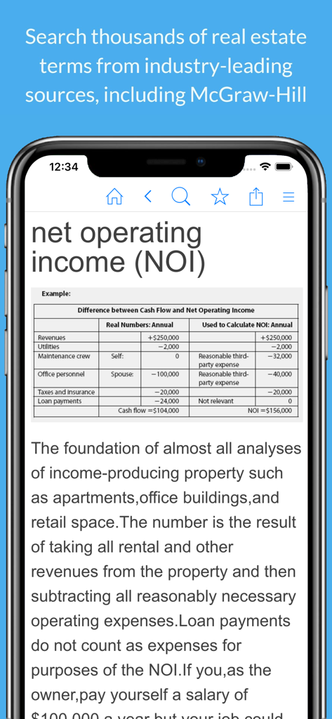 Real Estate Dictionary - Real Estate Dictionary app showing the definition and financial table for Net Operating Income