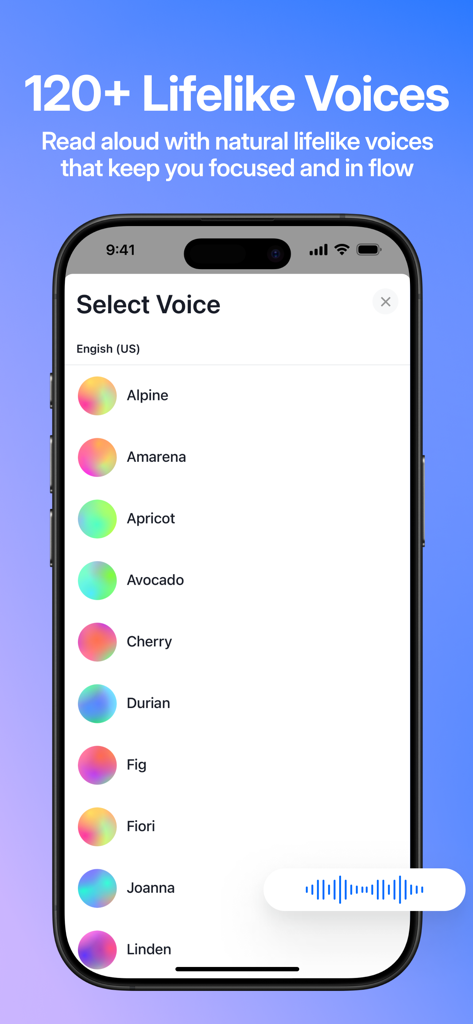 A list of over 120 lifelike AI voices available in the Audeus text to speech app.