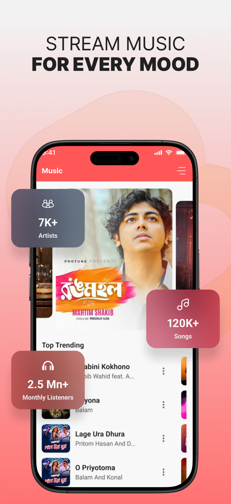 MyBL - MyBL app music interface displaying Bengali artists and trending songs