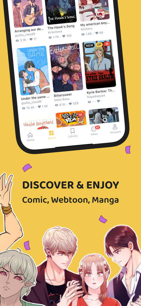Interface de l'application Lemoon affichant une variété de couvertures de webtoons et de mangas avec des illustrations de personnages