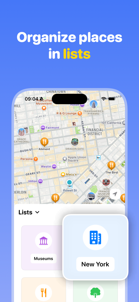 Map markers: Places - Interface of the Map markers: Places app showing a city map with custom pins and categories to organize travel locations in lists.