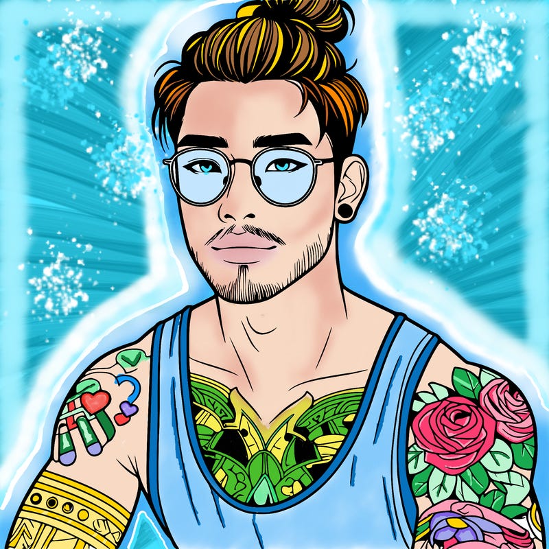 young attractive asian man with a man-bun, glasses, and tattoo's
