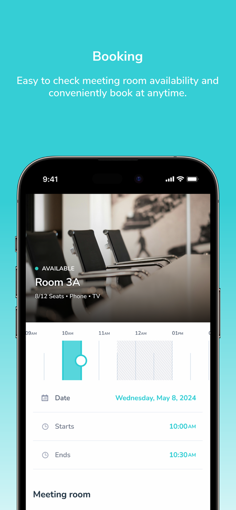 Insite by Investa - Interfaz de reserva de salas de reuniones en la aplicación Insite by Investa que muestra la disponibilidad de salas y las opciones de programación