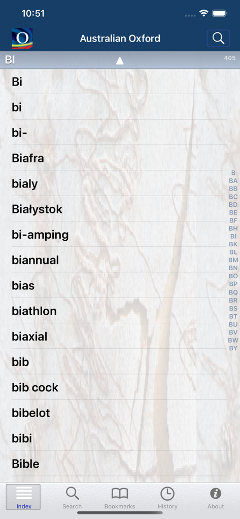 Alphabetical word index view in the Australian Oxford Dictionary mobile app