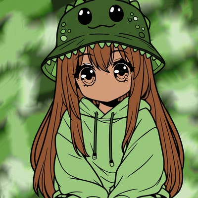 girl with anime shaped eyes with a dinosaur bucket hat oversized sweatshirt long straight hair