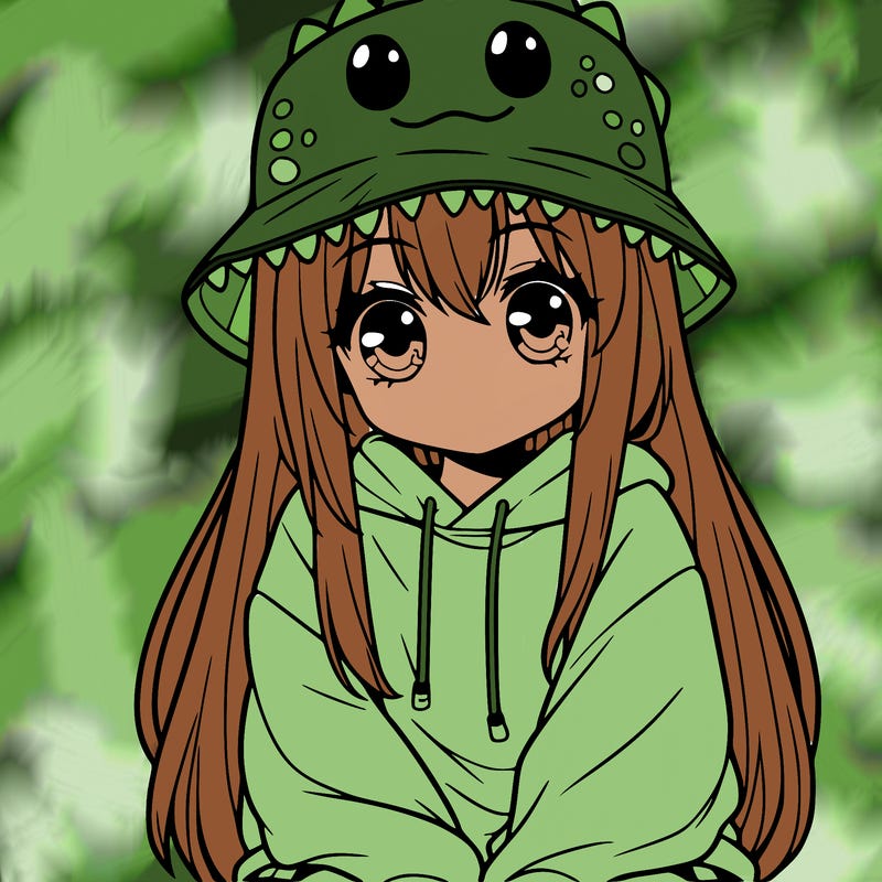 girl with anime shaped eyes with a dinosaur bucket hat oversized sweatshirt long straight hair