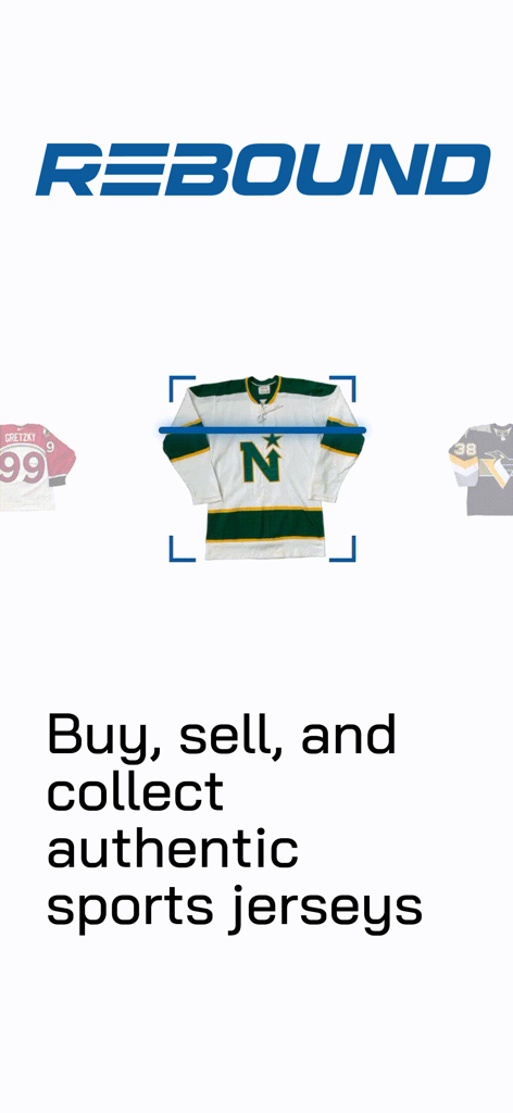 Rebound app interface showing a vintage sports jersey being scanned with the text buy sell and collect authentic sports jerseys