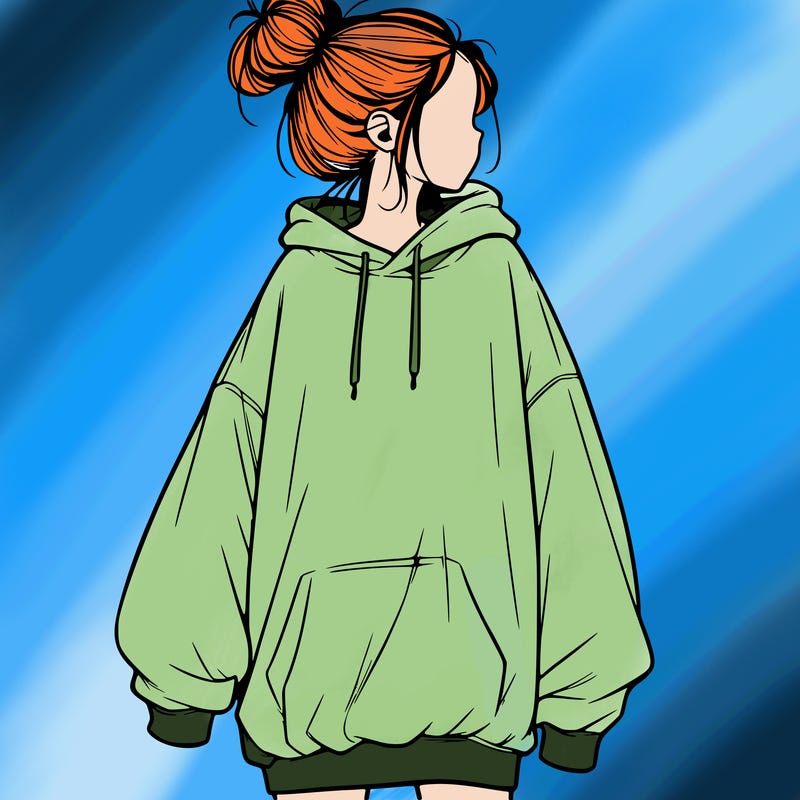 realistic girl with a oversized sweatshirt on and a bun