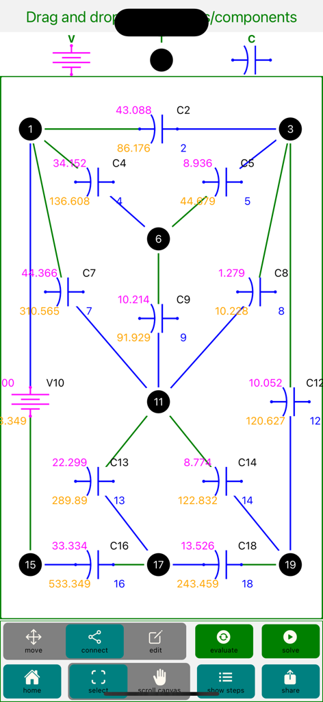 Interfaccia dell'app Circuit-Design che mostra un complesso diagramma di rete di condensatori con nodi e valori numerici risolti.