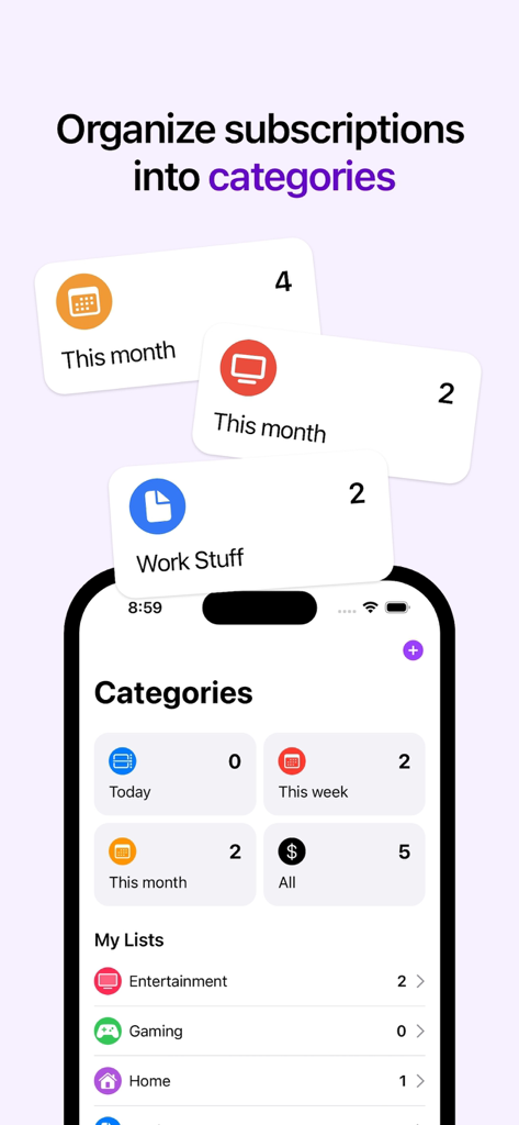 Payments Manager: Subscrible - Interface of Subscrible app displaying subscription categories and organized payment lists on an iPhone.