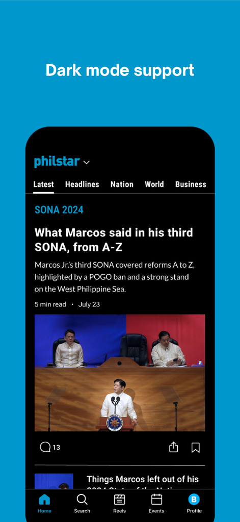 Interface do aplicativo de notícias Philstar no modo escuro apresentando um artigo sobre o presidente das Filipinas.