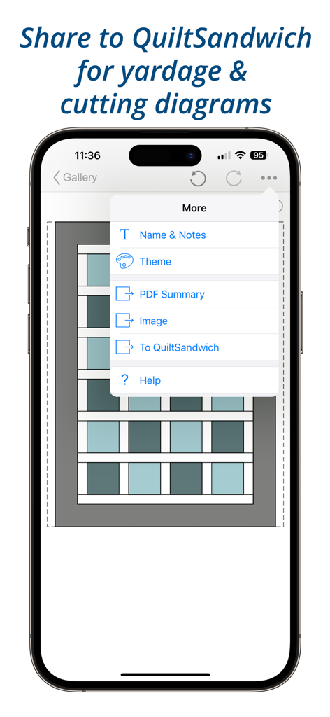 A smartphone displaying the QuiltSize app menu with an option to share a quilt layout to QuiltSandwich for yardage and cutting diagrams.