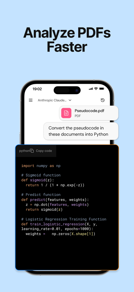Interface de l'application Chatly AI montrant l'analyse de documents PDF et la génération de code Python