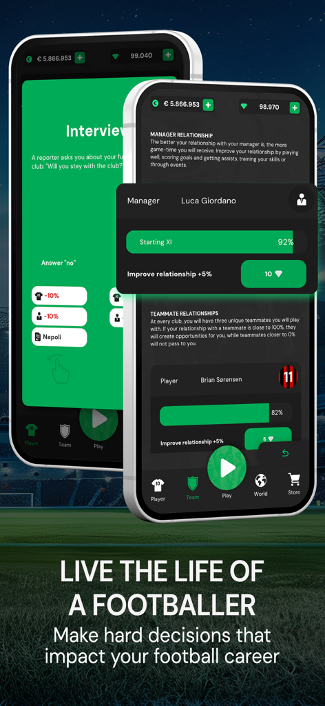 Una interfaz de juego móvil que muestra el modo carrera de un jugador de fútbol con opciones de entrevista y gestión de relaciones con el entrenador y los compañeros de equipo.