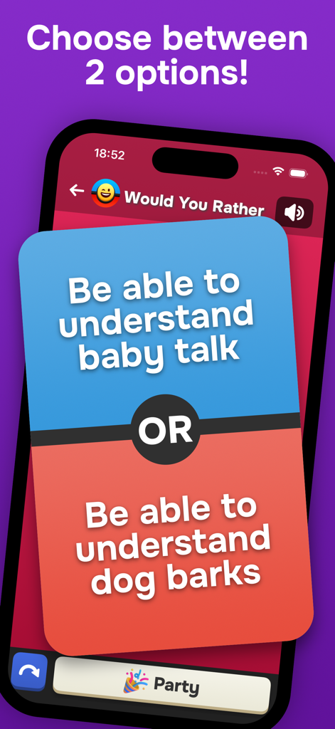 Una captura de pantalla de la aplicación ¿Prefieres? mostrando la elección entre entender el habla de bebé o ladridos de perro