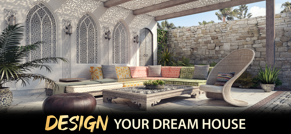 My Home Design Luxury Makeover - Luxury outdoor patio with Moroccan style arched screens and modern furniture