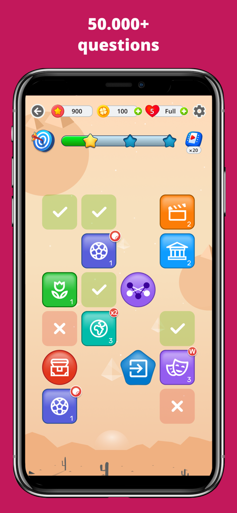 QuizzLand mobile game screenshot showing a trivia maze level with category icons like sports and geography