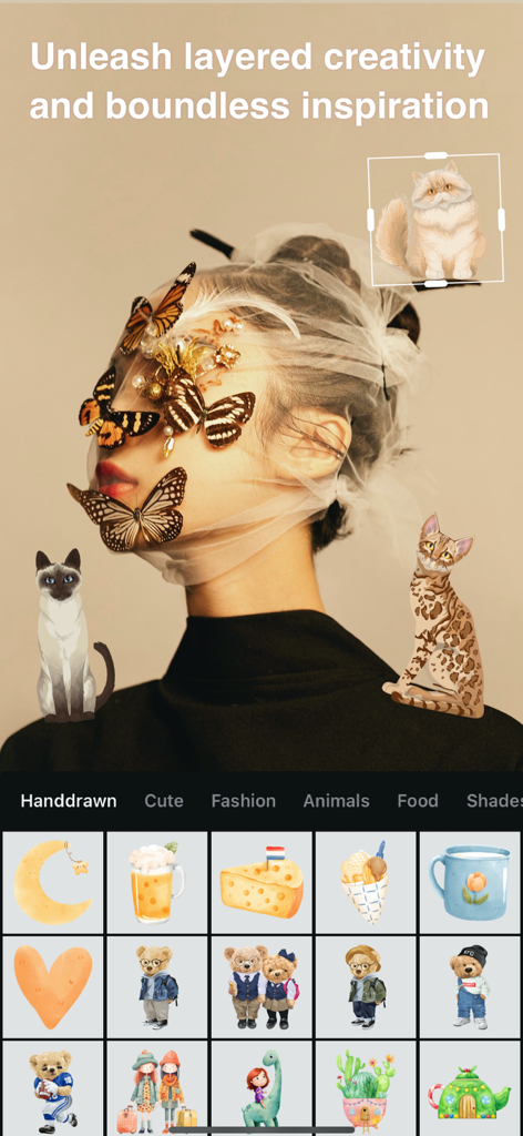 Fine Photo Editor의 창의적인 초상화 편집으로, 레이어 스티커와 예술적인 손그림 요소를 보여줍니다.