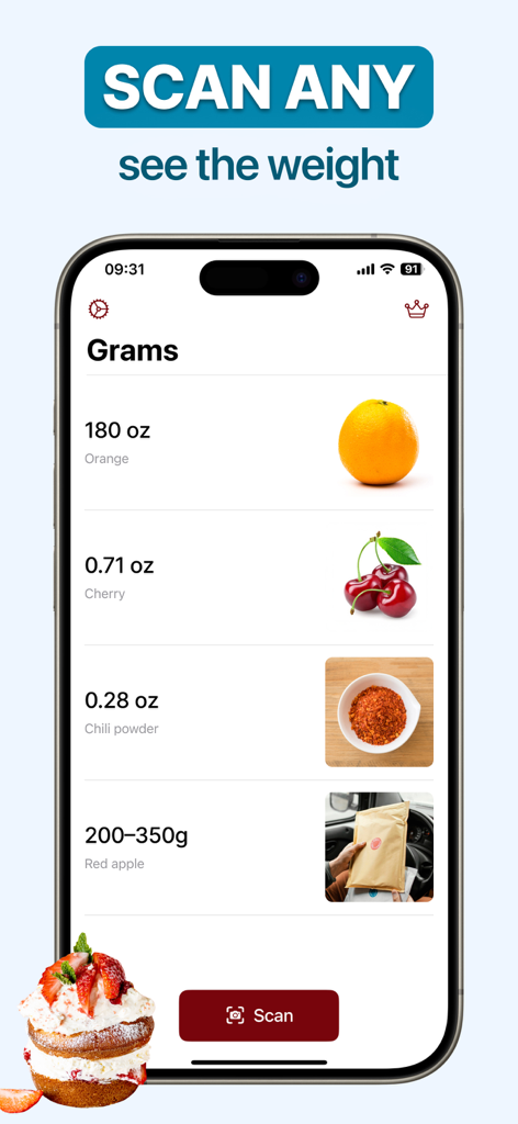 Scale for grams - weight scale - Interfaz de aplicación móvil que muestra un registro de historial de objetos escaneados y sus pesos estimados.