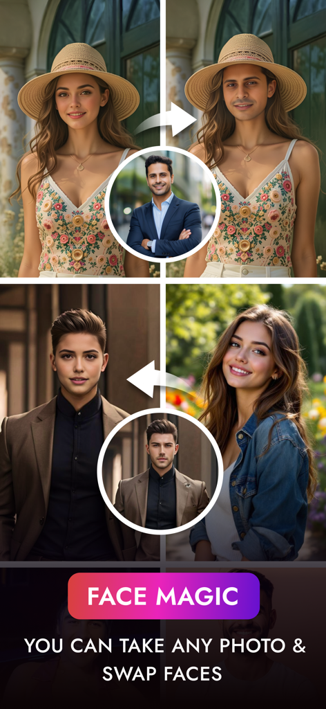 FaceMagic - Swap Face - A demonstration of the FaceMagic app showing two examples of AI face swapping transformations between different individuals and styles.