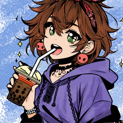 hot baddie anime girl drinking boba and biting the straw
