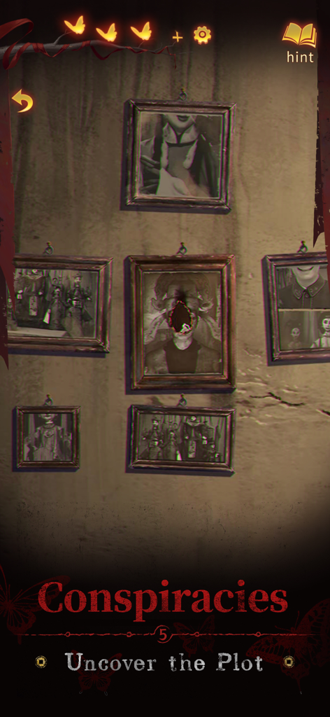 Paper Bride 5 Two Lifetimes - A collection of eerie framed photos on a wall featuring a distorted face and the text Conspiracies Uncover the Plot.