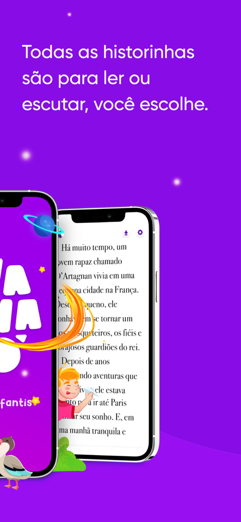 Imagina So App-Oberfläche, die die Option zum Lesen oder Anhören von Kindergeschichten auf Portugiesisch zeigt.