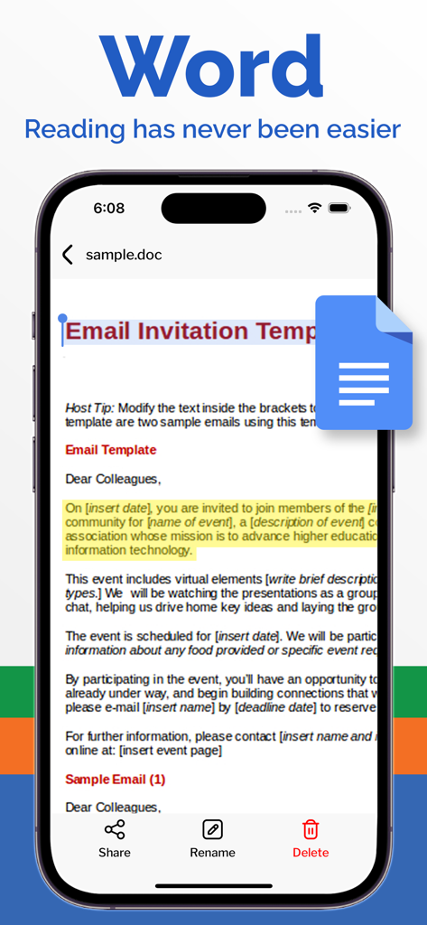 Interface of the All Document Reader app displaying a Word document template on an iPhone.