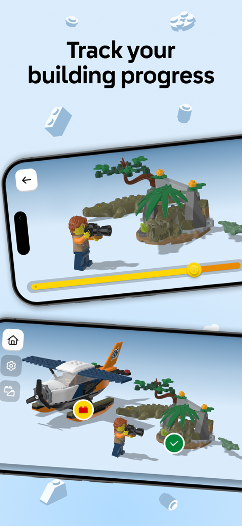 Smartphone screens displaying the LEGO Builder app interface with 3D instructions and building progress tracking