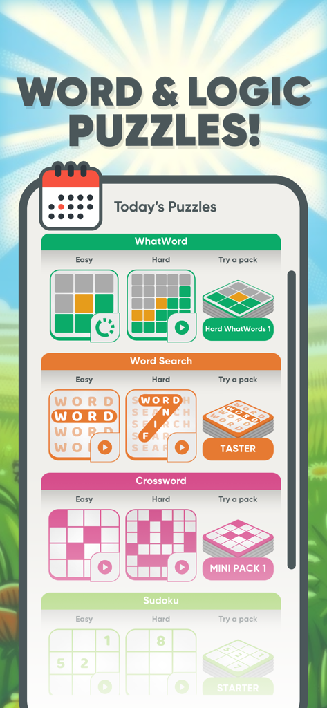 Everyday Puzzles app interface showing Today's Puzzles including Word Search, Crossword, and Sudoku