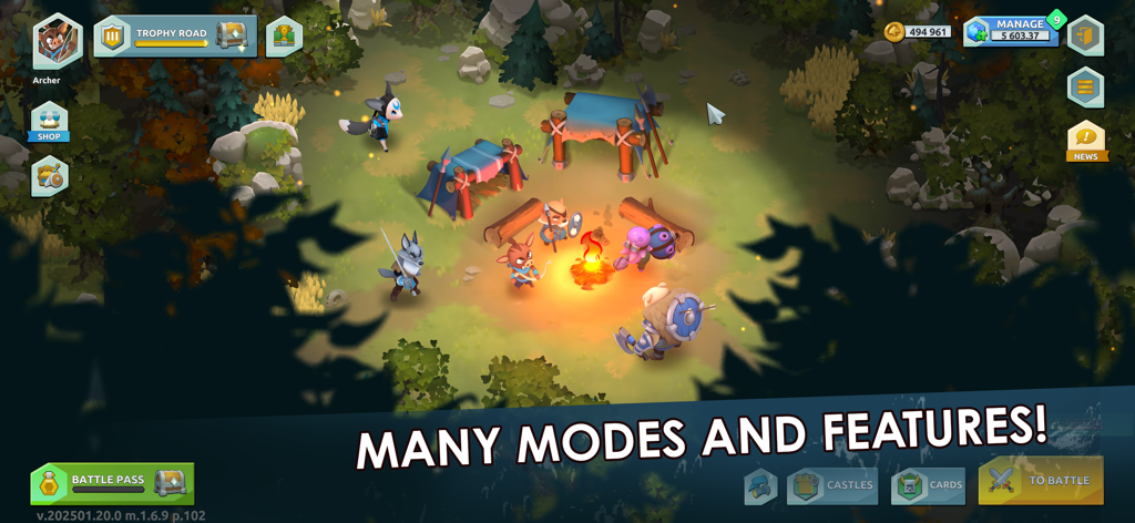 Animal warrior units gathered around a campfire in the Wild Forest real-time strategy mobile game interface.