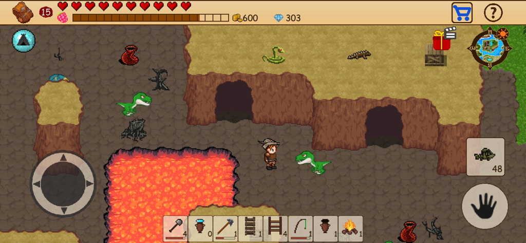 Survival RPG: Open World Pixel - Retro pixel art gameplay showing a character exploring a world with lava and dinosaurs