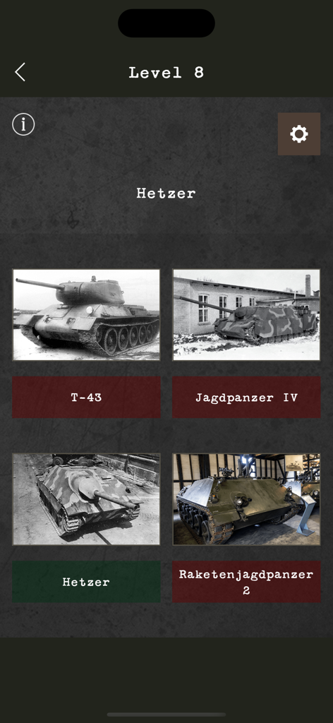 Tank Lineup game screen showing a multiple choice question to identify a Hetzer tank