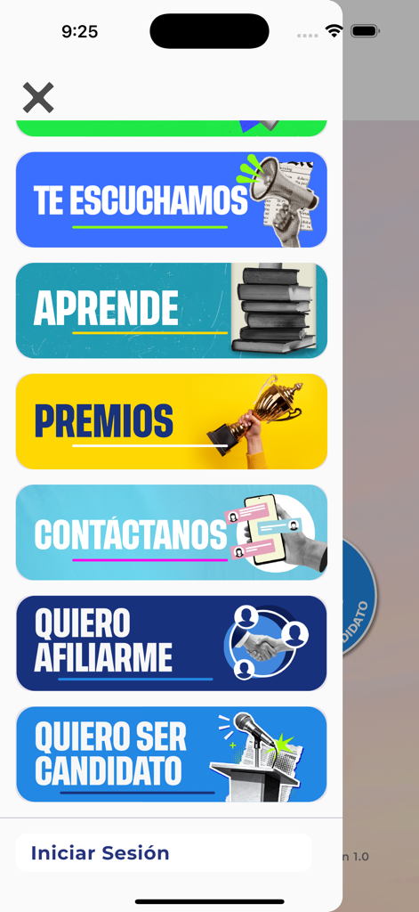 Hauptmenü der Partido Acción Nacional App mit Optionen für Lernpreise und politische Teilnahme