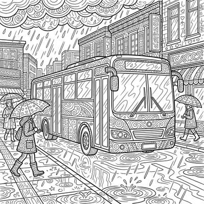 Step into a world of intricate details with this adult coloring page featuring a bustling city street on a rainy day. Color a stylish bus and pedestrians with umbrellas amidst reflective puddles and ornate urban architecture.