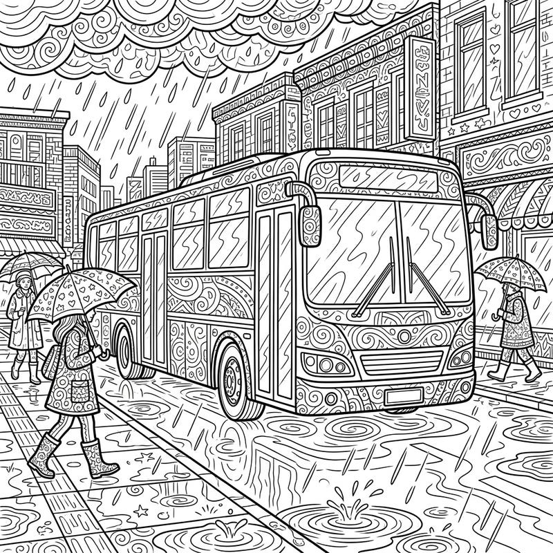 Step into a world of intricate details with this adult coloring page featuring a bustling city street on a rainy day. Color a stylish bus and pedestrians with umbrellas amidst reflective puddles and ornate urban architecture.