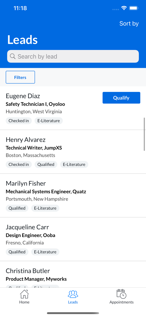 Cvent LeadCapture - A list of prospective leads with names job titles and status tags in the Cvent LeadCapture mobile app