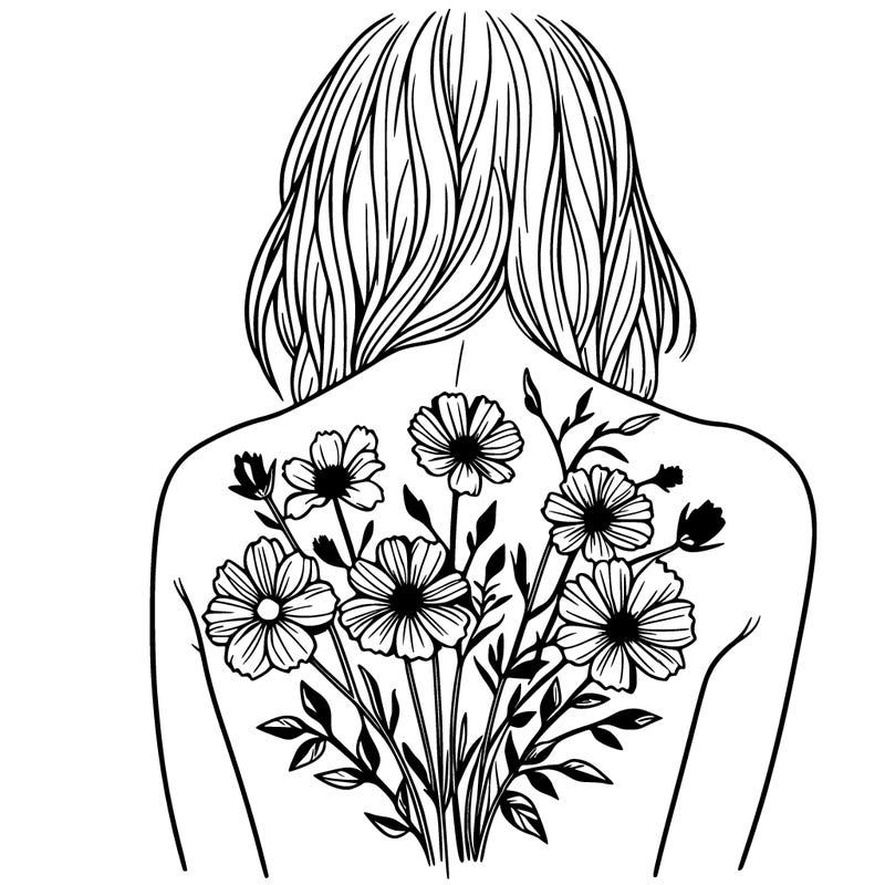 wildflower back tattoo woman realistic