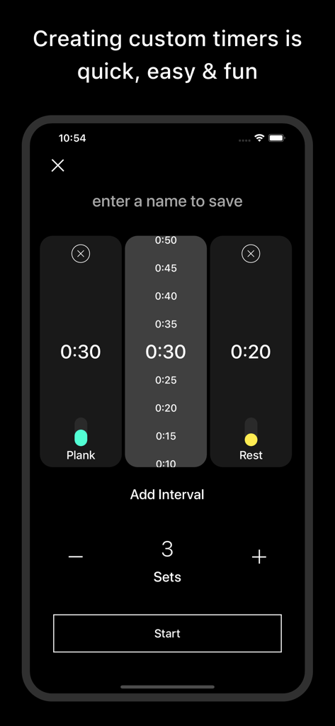 Pacer Fitness - Interval Timer - Interface móvel para configurar intervalos HIIT personalizados, incluindo períodos de prancha e descanso no Pacer Fitness