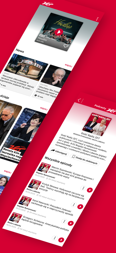 Two mobile screens of the Radio ZET app showing a news feed and a list of podcast episodes in Polish.