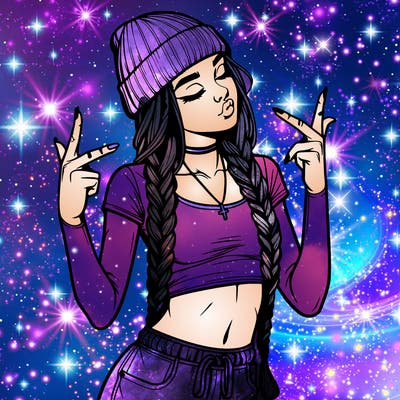 realistic teenage girl with braids and a beanie and crop top doing 🫶🏼