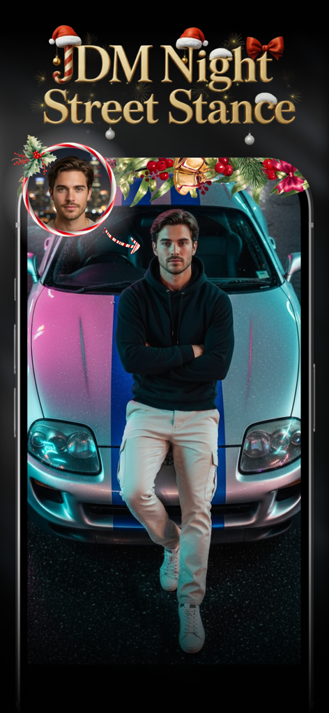 AI Photo Video Generator: AURA -  Un homme utilisant AURA AI pour générer une photo de style de vie appuyé contre une voiture de sport dans un style nocturne de rue.