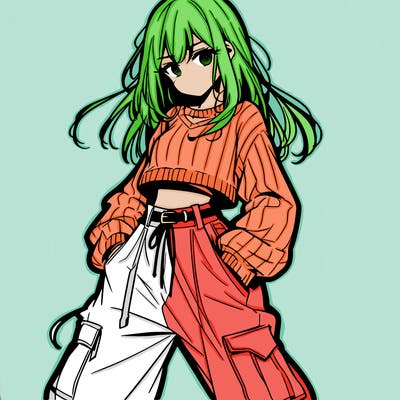 anime teen girl with baggy pants and crop top with sweater