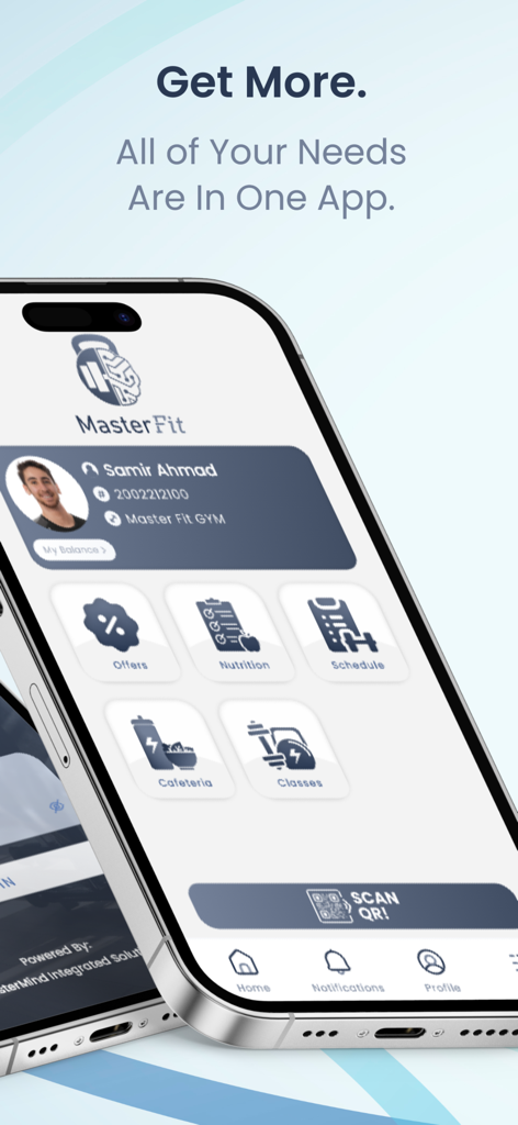 MasterFit - MasterFit mobile app dashboard showing gym member profile and features like schedule and classes