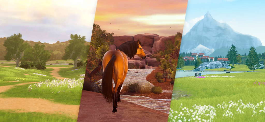 Uma colagem mostrando três ambientes de montaria diversos em Rival Stars Horse Racing, incluindo prados verdes, uma trilha rochosa ao pôr do sol e um vale na montanha.