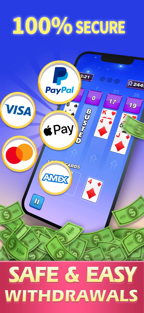 21 of Cash - Win Real Money - 21 of Cashモバイルゲーム画面。PayPal、Apple Pay、クレジットカードなどの安全な引き出しオプションを表示。