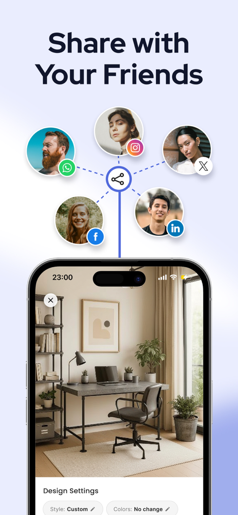 Designer Ai: Room, House Decor - Interface showing how to share AI generated room designs with friends via social media